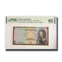 PMG 65 Choice Uncirculated Malta Banknote PICK 30 1967 5 Pounds A/1